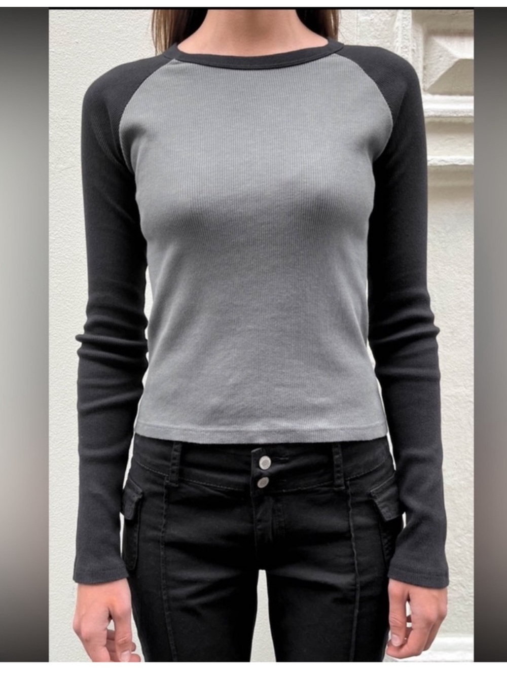 Brandy Melville Gray Body Black Raglan Long Sleeve Tee